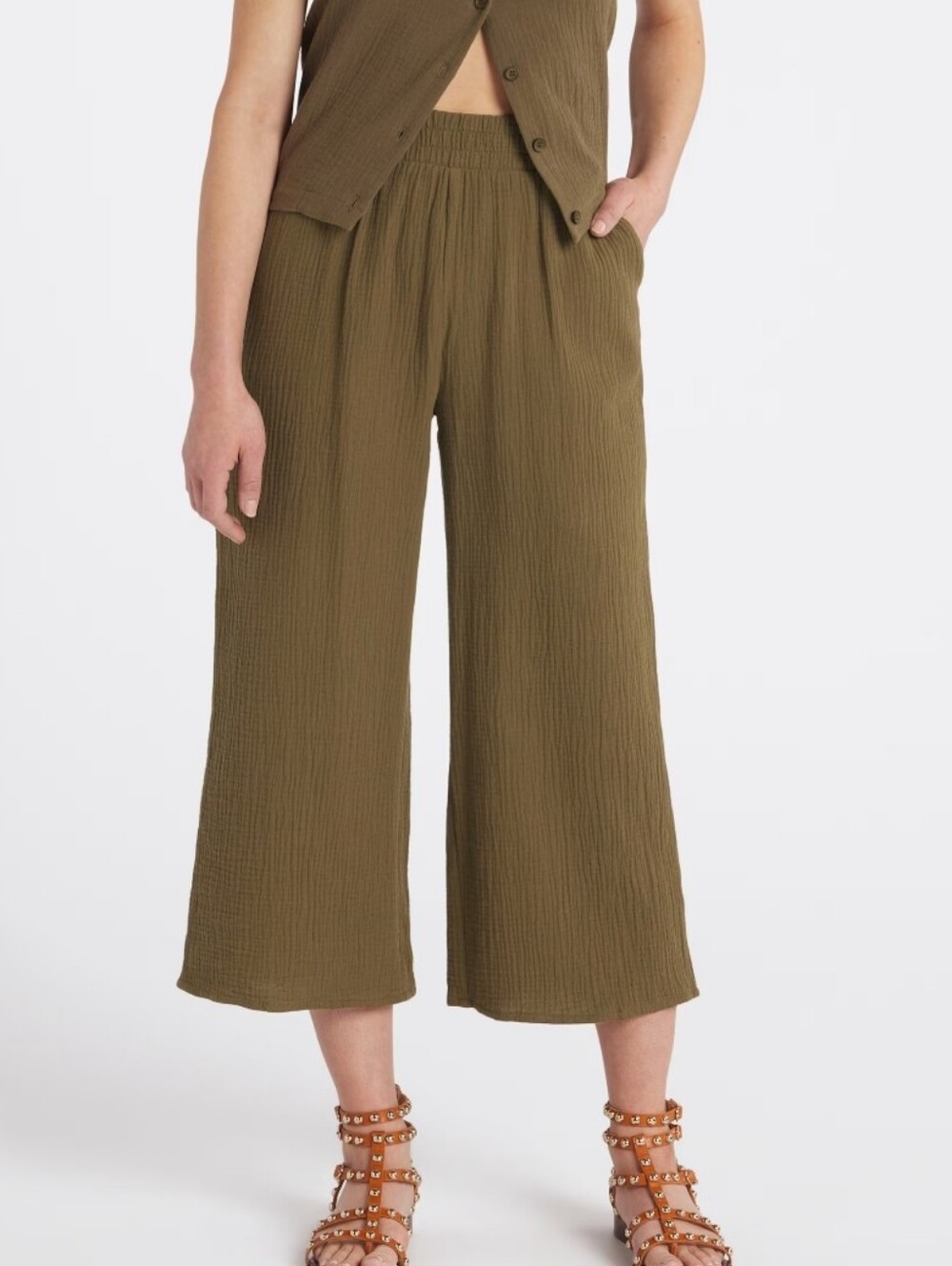 Threads 4 Thought Wide-Leg Cropped Pants in Olive Green, Size L